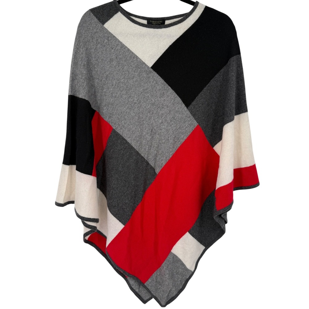 NWT Charter Club Luxury 100% Cashmere Colorblock Poncho Wrap Black Red Gray